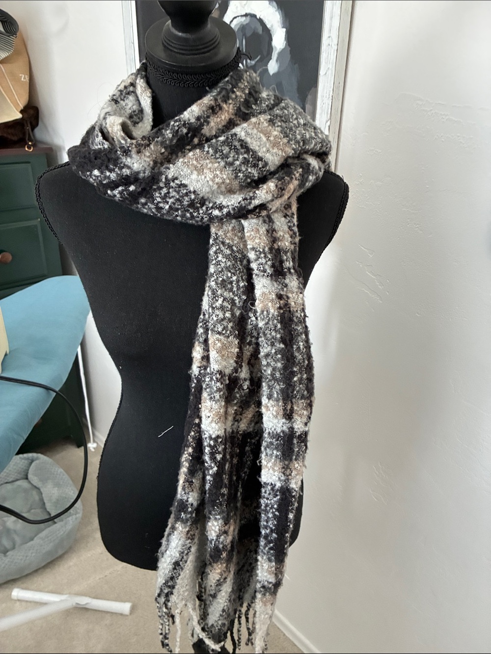 Echo Plaid Fringe Scarf in Black, Gray, Cream, Brown